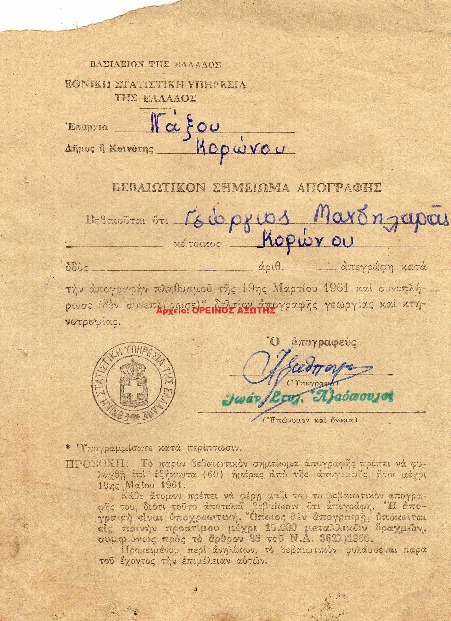 1961 βεβαιωτικό σημείωμα απογραφής