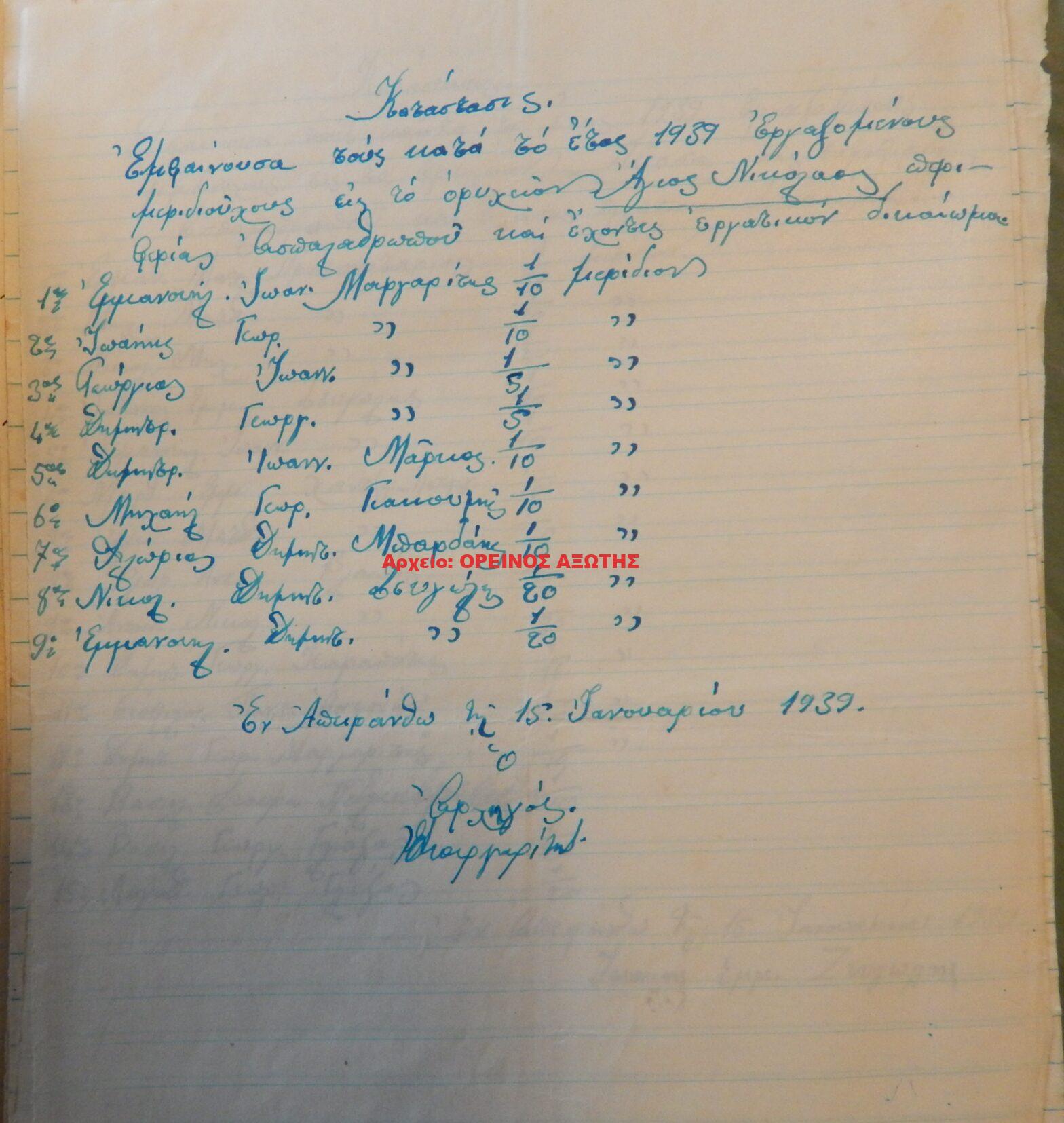 1939 μεριδιούχοι ορυχείου σμύριδας ΑΓΙΟΣ ΝΙΚΟΛΑΟΣ περιοχής Ασπαλαθροπού περιφέρειας Απειράνθου