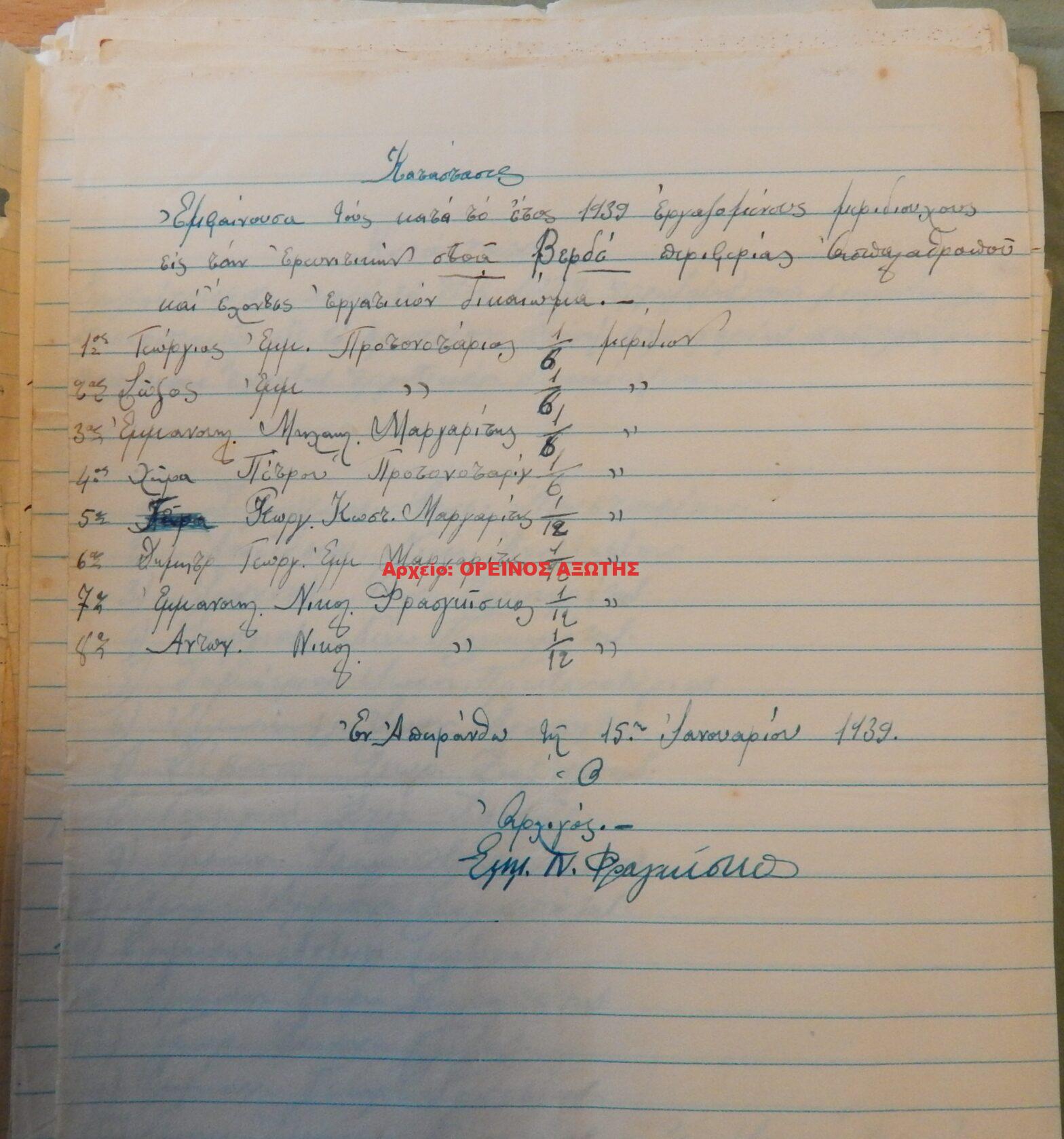 1939 μεριδιούχοι ορυχείου σμύριδας ΒΕΡΔΑ περιφέρειας Απειράνθου