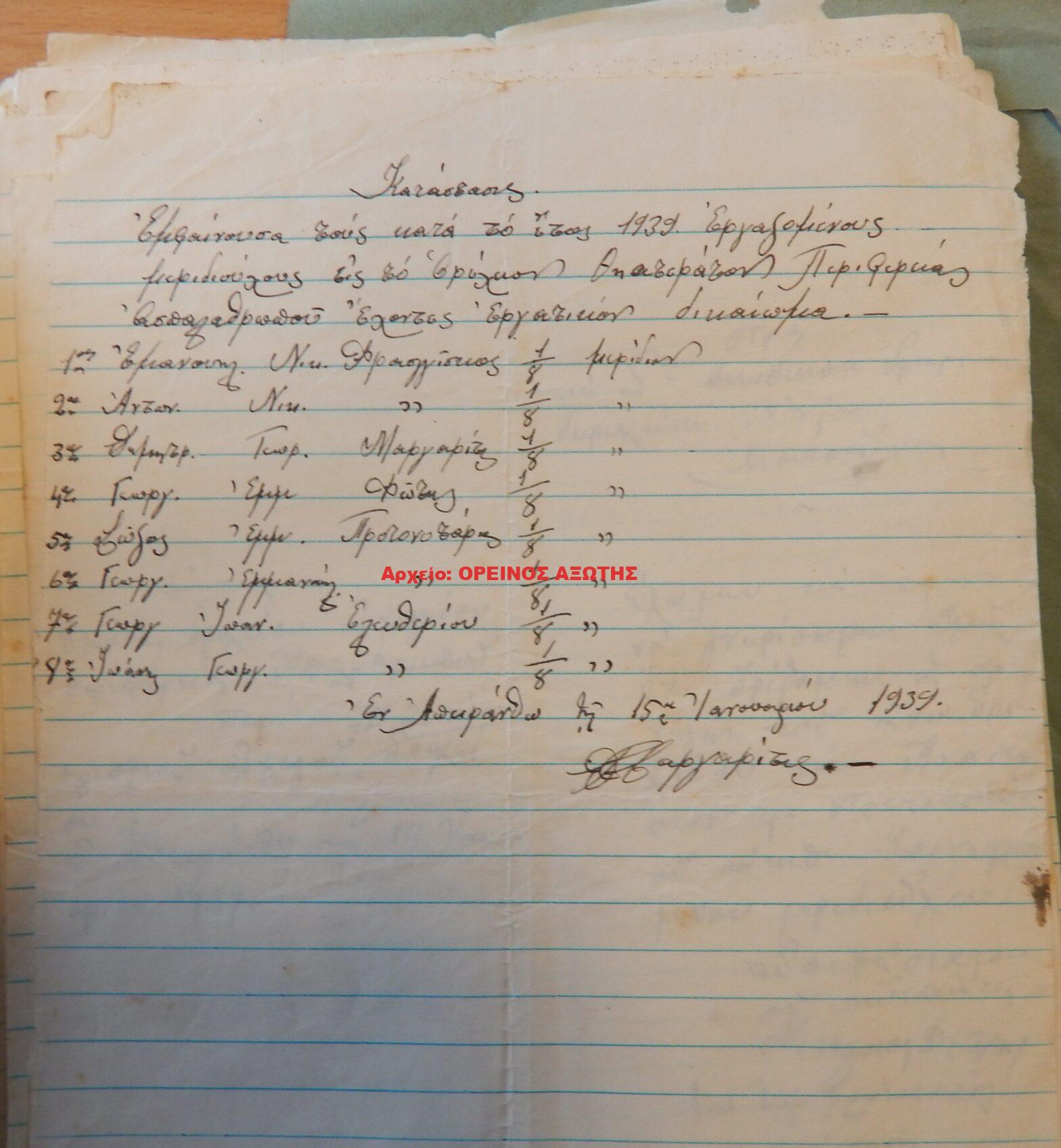 1939 μεριδιούχοι ορυχείου σμύριδας ΘΗΣΑΥΡΟΣ περιφέρειας Απειράνθου
