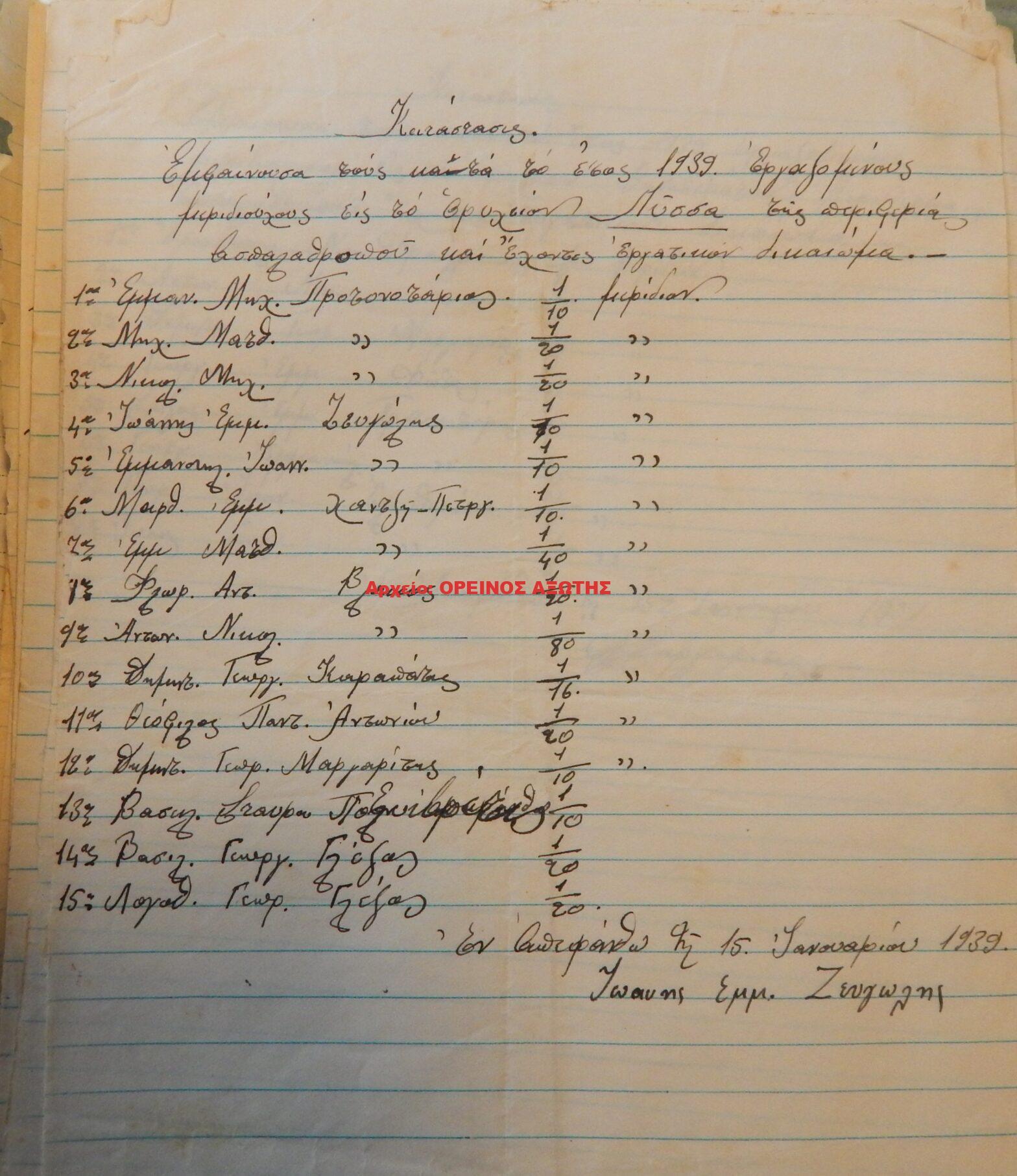 1939 μεριδιούχοι ορυχείου σμύριδας ΛΥΣΣΑ περιφέρειας Απειράνθου