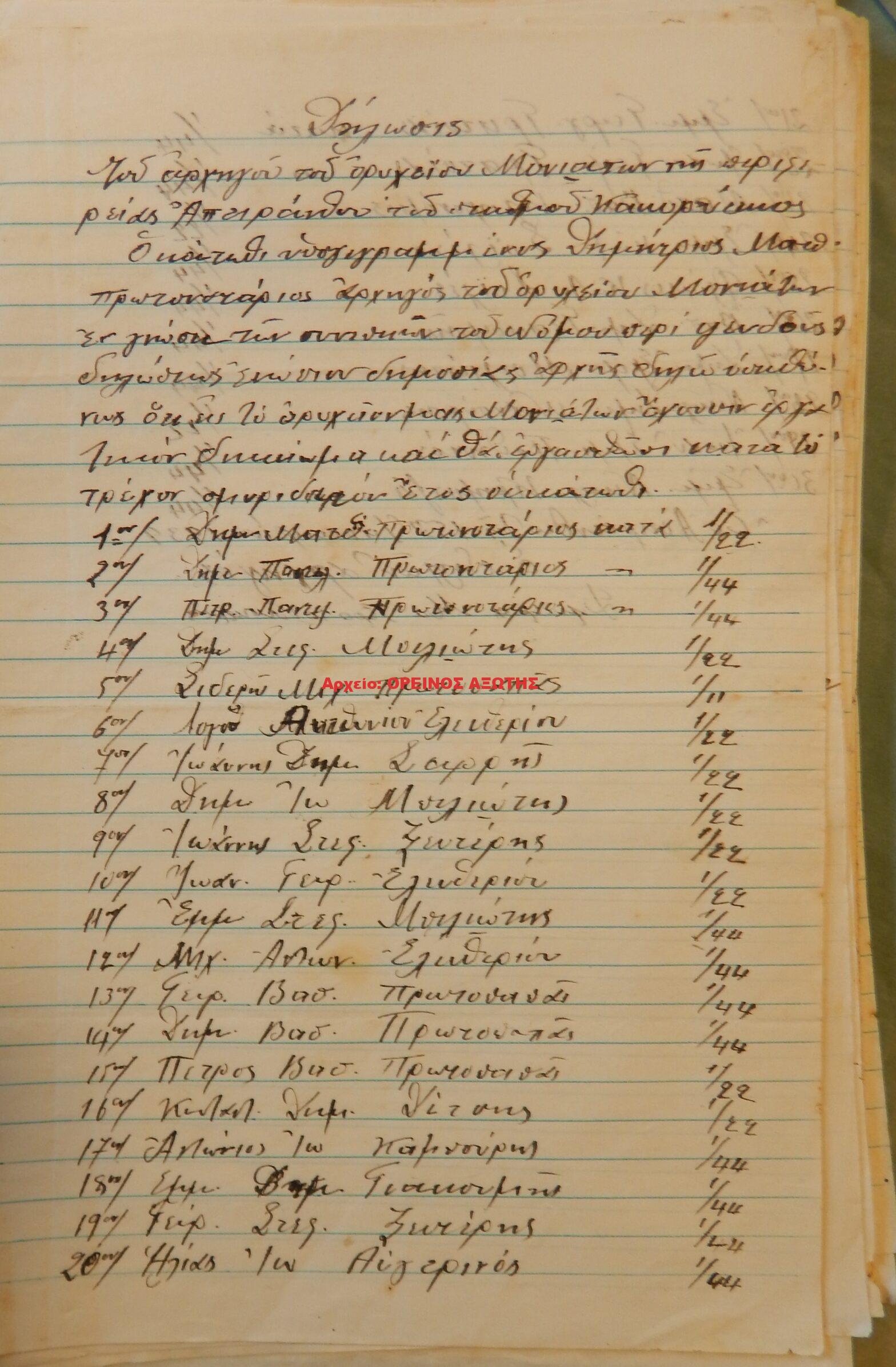 1939 μεριδιούχοι ορυχείου σμύριδας ΜΟΝΙΑΤΩΝ περιφέρειας Απειράνθου