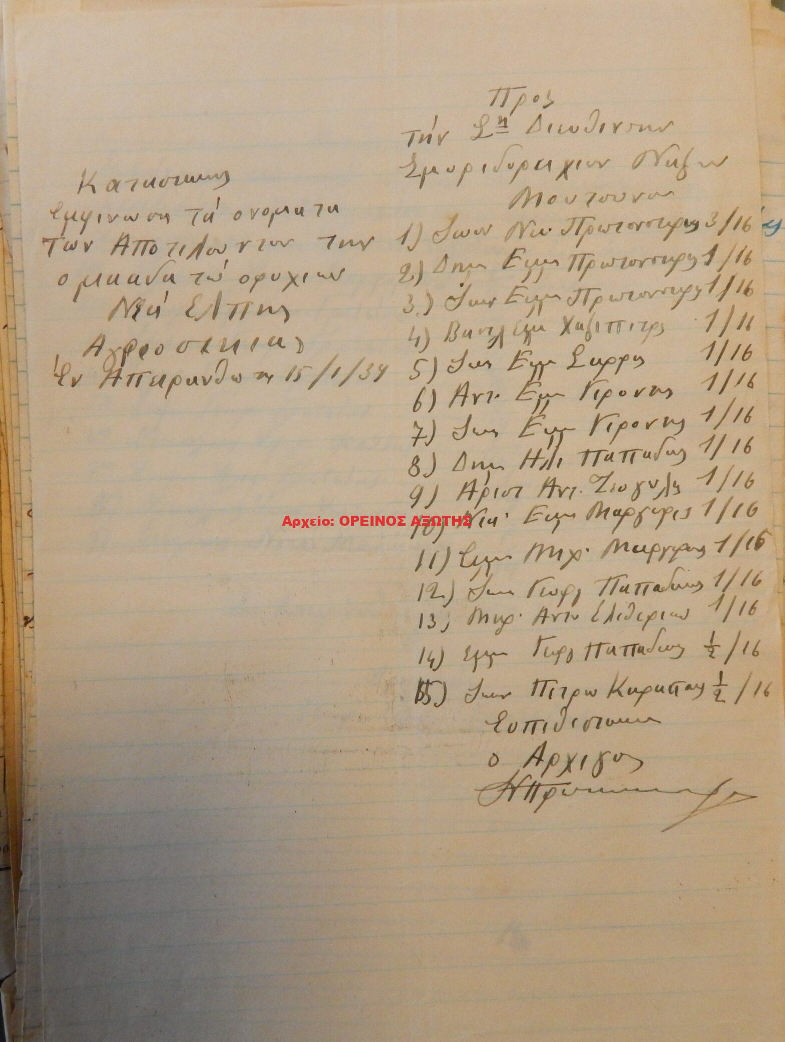 1939 μεριδιούχοι ορυχείου σμύριδας ΝΕΑ ΕΛΠΙΣ περιφέρειας Απειράνθου