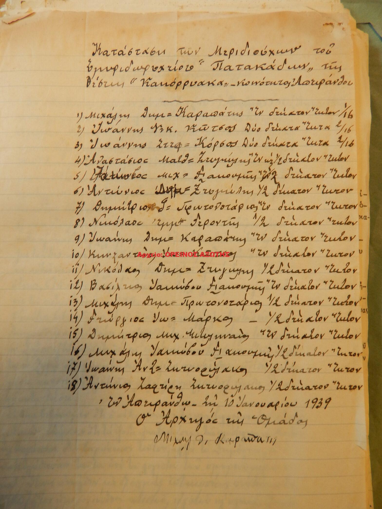 1939 μεριδιούχοι ορυχείου σμύριδας ΠΑΤΑΚΑΔΩΝ περιφέρειας Απειράνθου